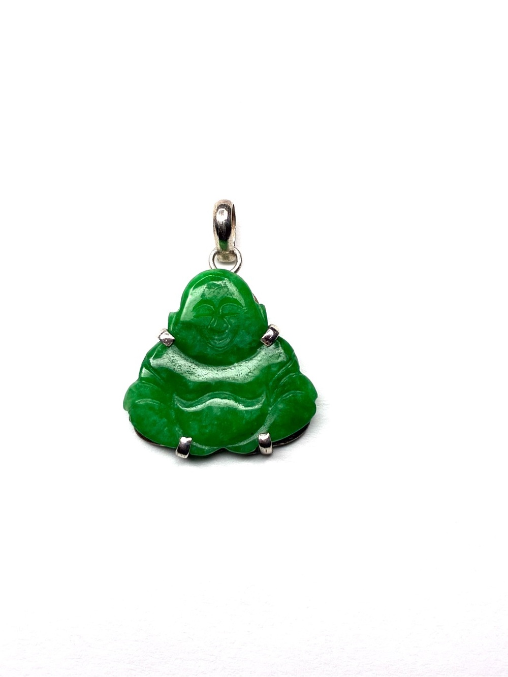 Vintage .925 Sterling Silver Green Jade Laughing Buddha Pendant